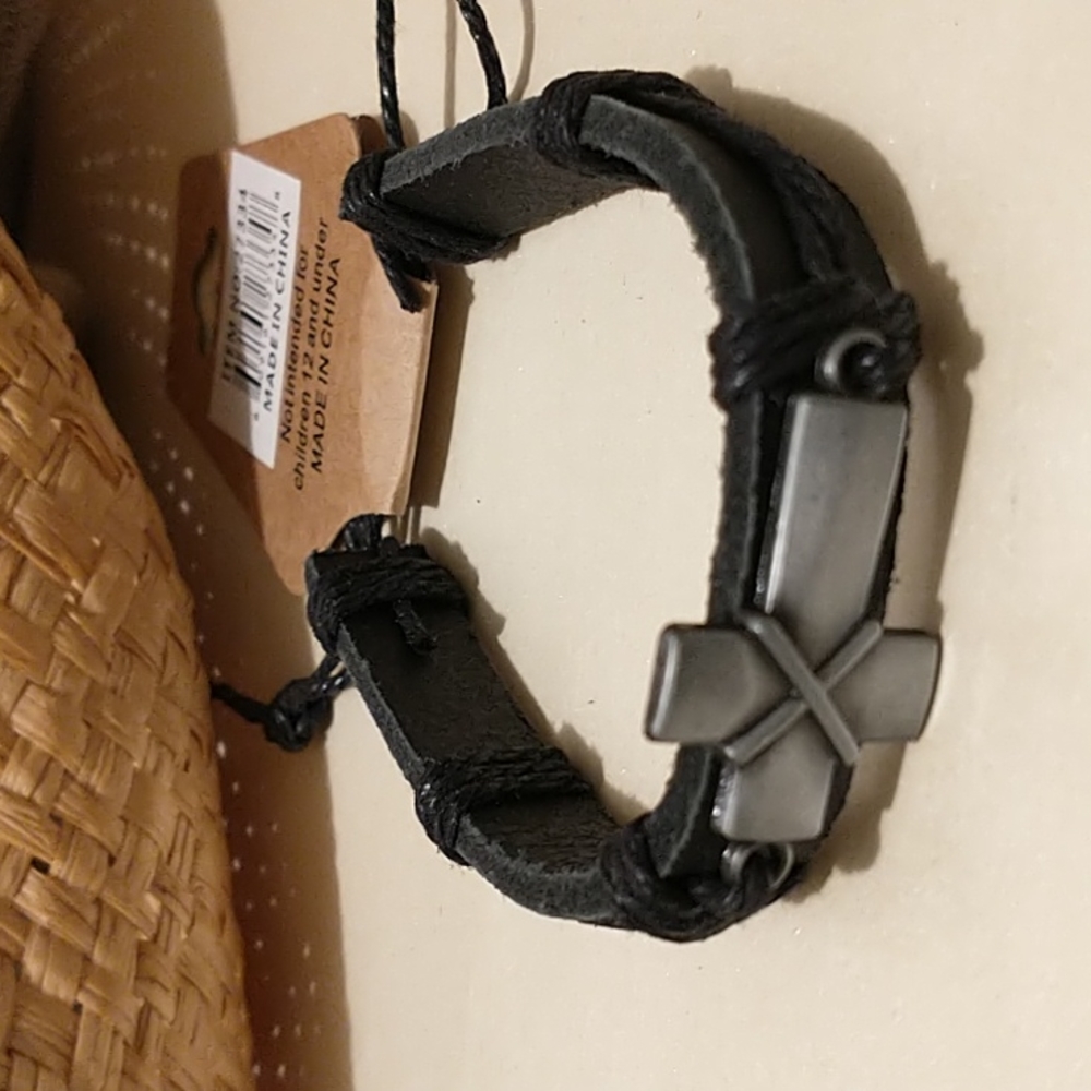 Genuine Leather Unisex Black, Cord Wrapped Cross Bracelet!